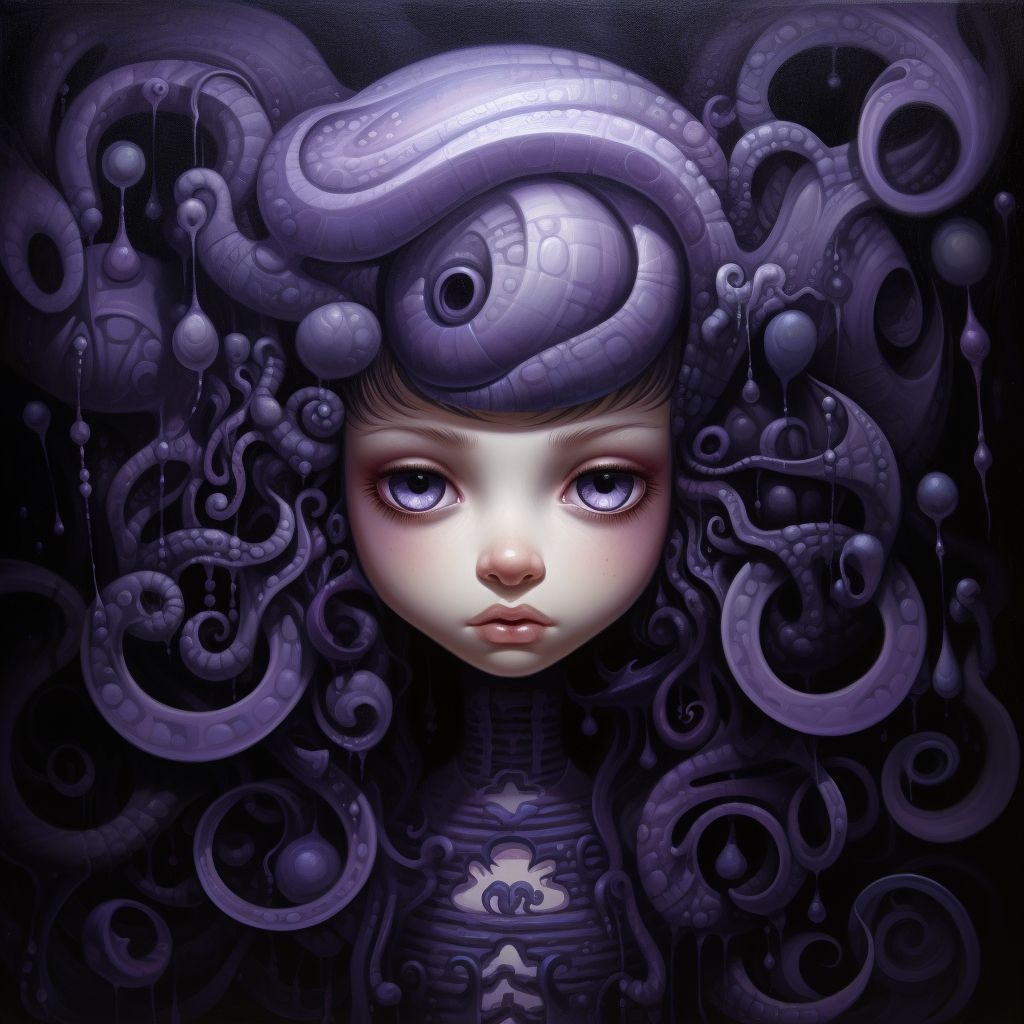 Prompt: a girl dressed up as an un dressed in black and purple, in the style of mark brooks, naoto hattori, dark white and light purple, yup'ik art, tupinipunk, intense gaze, dave coverly