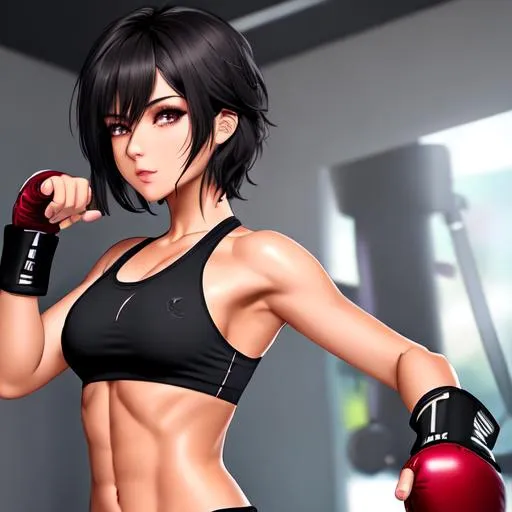 Prompt: short dark haired tomboy, toned body, all dark makeup, wears fingerless glove, wears sleeveless cropped top with hoodie, wears dolphin shorts, showing abs midriff, sweaty, wet from sweat, deep red blush, serious look, punching pose, punching bag, highly detailed face, highly detailed eyes, highly detailed body, full body, whole body visible, full character visible, gym indoor, soft lighting, high definition, ultra realistic, unreal engine 5, 8K, digital art