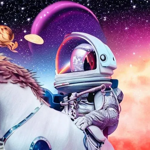 Prompt: Futuristic astronaut riding a space unicorn in the Andromeda galaxy