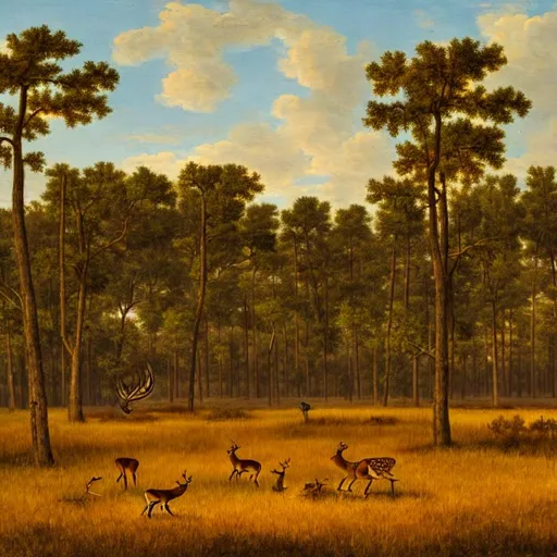 Prompt: Painting of Longleaf pine savanna with quail and deer playing, with drone in the, baroque style 