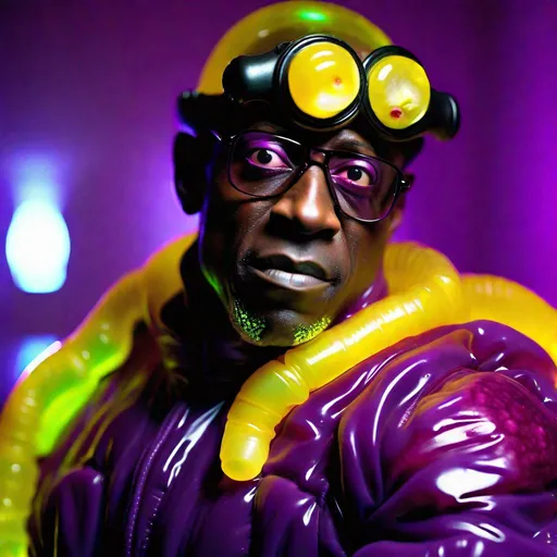 Prompt: Full view of Intimidating mohawked Wesley Snipes  with a mocking expression is wearing a pomegranate and yellow and purple translucent glowing bioluminescent lumpy jello protective suit and posing threateningly in a dark room