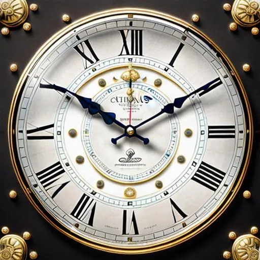 Prompt: Create the state-of-art design of an high-end realistic classical clock face image {{realistic analogue dial,  realistic bezel, realistic clock indices shown in Roman numeral, high-detailed realistic 360 degree quadrant, high-detailed metallic distinctive complete clock hands, Octane 3D, UHD, HDR, 256K}} by using and applying volumetric light, bokeh, clarity, focus sharp, fit in frame, centered, high contrast, order, axis, symmetry, proportions, rhythm, datum, harmony and a great background.

