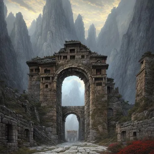Prompt: Landscape painting, giant ancient stone gate under the mountains, dull colors, danger, fantasy art, by Hiro Isono, by Luigi Spano, by John Stephens