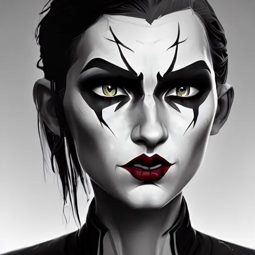 Prompt: monochrome, detailed face, taylor swift, beautiful, anorexic, skinny, the-joker face paint, darth-maul face paint, tall, scifi. dune 2021