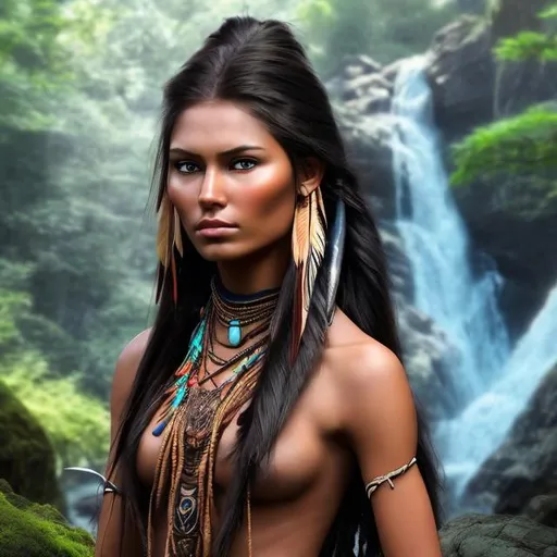 Prompt: professional modeling photo pocahontas as live action human woman hd hyper realistic beautiful native american warrior woman black hair brown skin brown eyes beautiful face native american dress and jewelry and weapons enchanting
forest hd background with live action realistic river and waterfall with weapons