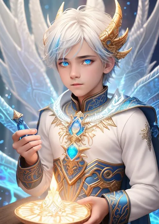 Prompt: intricate crystalized blue dragon horns, ombre white hair, glowing runic eyes, unique colored eyes, 14yo boy, handsome boy, intricate clothes, glowing wings of fire, fantasy, DnD mage, caught on blue fire, blue burning luminescence, blue fire burning on body, concept art, 4k, HDR, symmetrical, fullbody, ((full body)) {{good looking}} {{cute}} {{good body}} {{tight}}, {{shadows}}, 