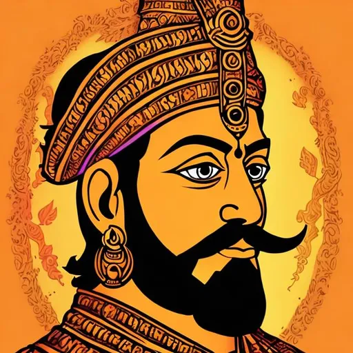 Prompt: Colour illustation of face of Maratha ruler Chatrapathi Shivaji in a plain background with cartoon effect
