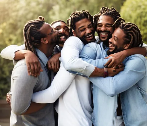 Prompt: 4 black men with locs hugging each others and smiling at each others happy joy friends