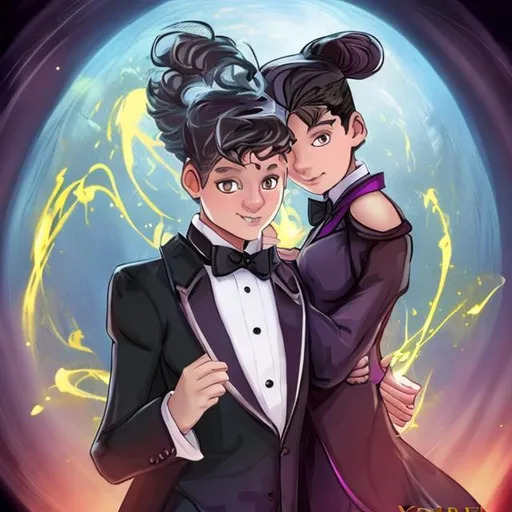 Prompt: 13 years old male magician in a tuxedo on top of a 13 year old female witch in a ball gown in a bed causing crazy magic to come spewing out from in between them 