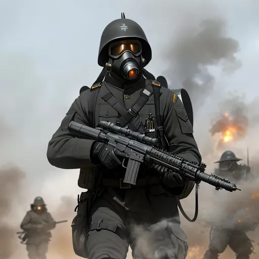 Prompt: Several mordern male black color with gas mask black, war cry in the trenches, Highly Detailed, Hyperrealistic, sharp focus, Professional, UHD, HDR, 8K, Render, electronic, dramatic, vivid, pressure, stress, nervous vibe, loud, tension, traumatic, dark, cataclysmic, violent, fighting, Epic, Last battle in earth.

