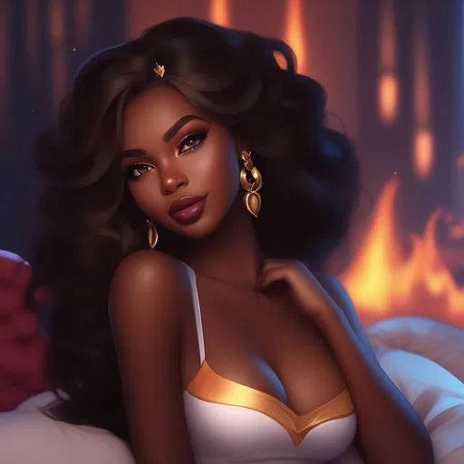 Prompt: and beautiful pretty art 4k full HD fire princess as dark skin brown skin big lips full lips mad face smug smile  on bed poseing body