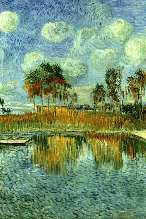 Prompt: oil painting of a florida landscape on a lake by Vincent VanGogh, with a dock, pleasant, sunny, deep dramatic brushstrokes, textured brushstrokes, paint knife textures, Award-winning cgi, blender, rendered in maya, highly detailed