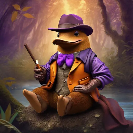 Prompt: Enchanted orange, purple and light brown three-tone platypus with tan duck bill sitting in the Fairyland Forest, Sitting upright on hind legs, Perched like a bird, with arms in a comfortable position, with a furry vest, an Indiana Jones hat, and a cigar hanging out the side of his mouth, close-up, textured, Faded, surrealism, golden hour sun lighting, Hyperrealistic textures, intricate details, architectural visualization, Corona render, 8k