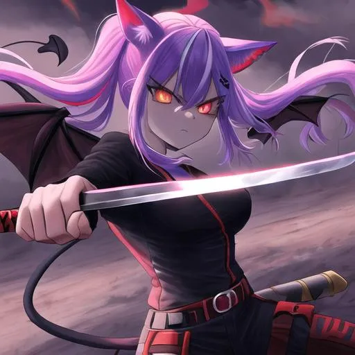 Prompt: Haley  as a demon (multi-color hair) (multi-color eyes)(she has horse ears) holding a katana, fighting, in a gunfight, bullets flying, fighting in a rural area, angry, demon tail, demon wings