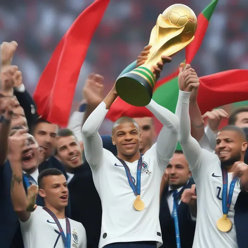 Prompt: make Kylian Mbappe
  win a world cup and celebrate with the Portuguese  boys soccer national team holding the fifa world cup trophy









