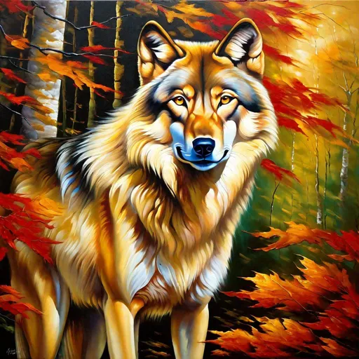Prompt: (masterpiece, professional oil painting, professional charcoal painting, best quality:1.5), beautiful portrait of large ((wolf)), {slick golden-beige pelt}, thick pearl-gold mane, white-gold belly, brass hairs on back, vibrant red maples, (detailed expressive silver eyes:2), highly detailed, petite, energetic, alert, timid, playful, beautifully detailed face, enchanted woods, sunlight beaming through canopy, {beautiful defined detailed bulky furry legs}, beautiful detailed shading, highly Detailed body, billowing wild fur, copper fur highlights, full body focus, beautifully detailed background, cinematic, 64K, UHD, high octane render, unreal engine, ambient gold light, mellow golden sunset, gold leaf canvas