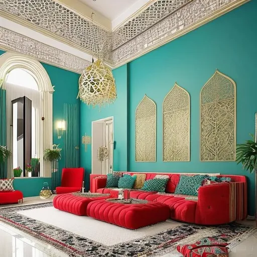Prompt: Design a livingroom that is modern but inspired by the islamic golden age. Use white walls. The details should have the colors teal and  and a fitting shade of red. There should alos be fitting plants.
