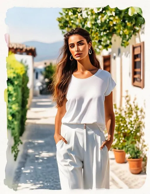 Prompt: beautiful Greek girl in pants. long hair in a bun, high forehead, beautiful face, slim body, white T-shirt, white loose pants, leather sandals. Greek rural buildings in the background. watercolor, blurring contours, soft colors.

