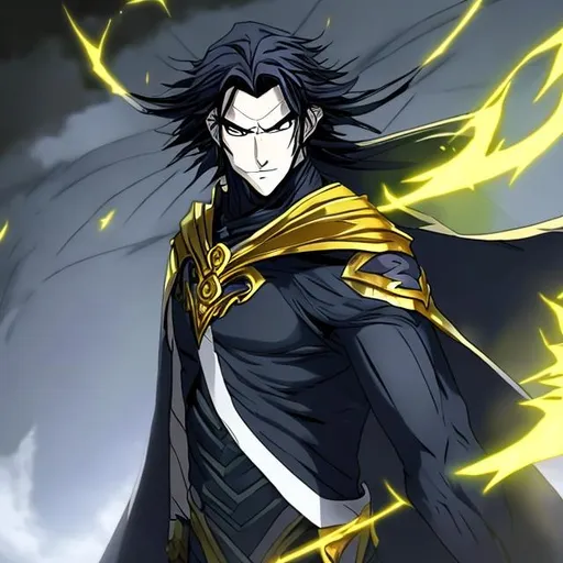 Prompt: anime young man  has long black hair, he has yellow eyes. He dressed into the long carf. He looks like hero. He has a spear