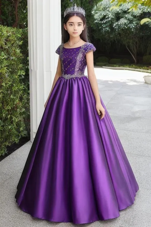 Prompt: Girl 14yo, Queen purple dress, dress long, Queen crown,