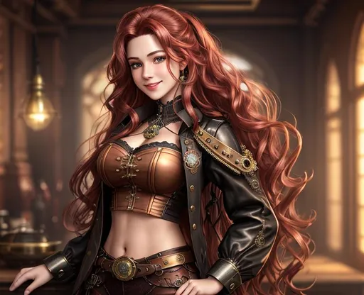 Prompt: extremely realistic, hyperdetailed, steampunk theme, extremely long red wavy hair  girl, blushing, smiling happily, wears steampunk clothing, toned body, showing  midriff, highly detailed face, highly detailed eyes, full body, whole body visible, full character visible, soft lighting, high definition, ultra realistic, 2D drawing, 8K, digital art, Ilya Kuvshinov
