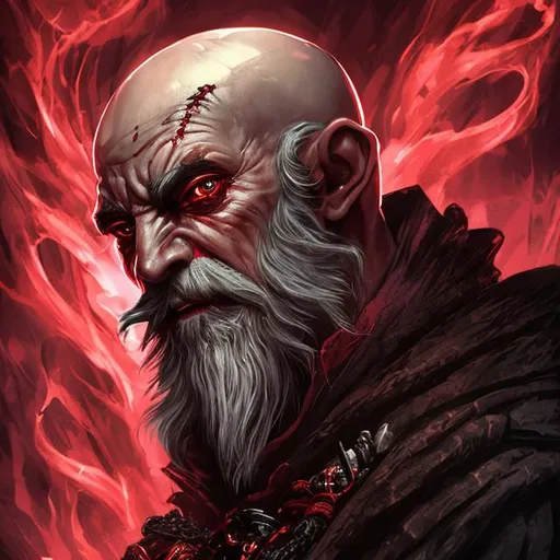 Prompt: High detail portrait, dungeons and dragons, fantasy, human wizard, human, necromancer, bald, dark eyes, long red robe, arcane tattoos in red and black ink on his head neck and body