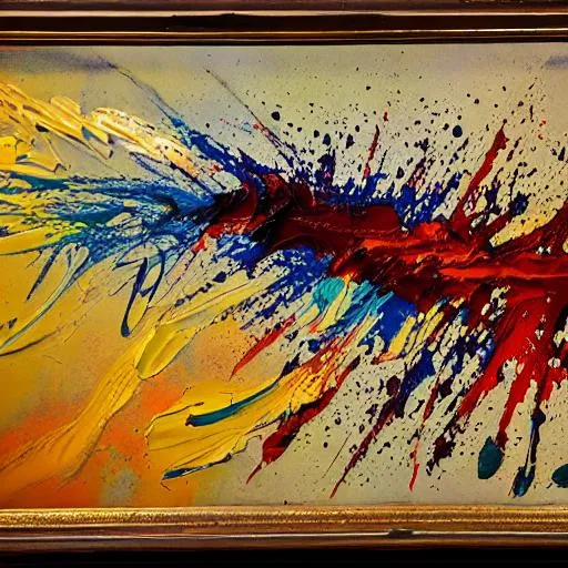 Prompt: rare oil paint, raised, coarse,  bold, dramatic brush strokes which expressed emotion, splatter in a natural motion, with muddied curvatures, and different colors that display Calm, content, peaceful, relaxed, tranquil