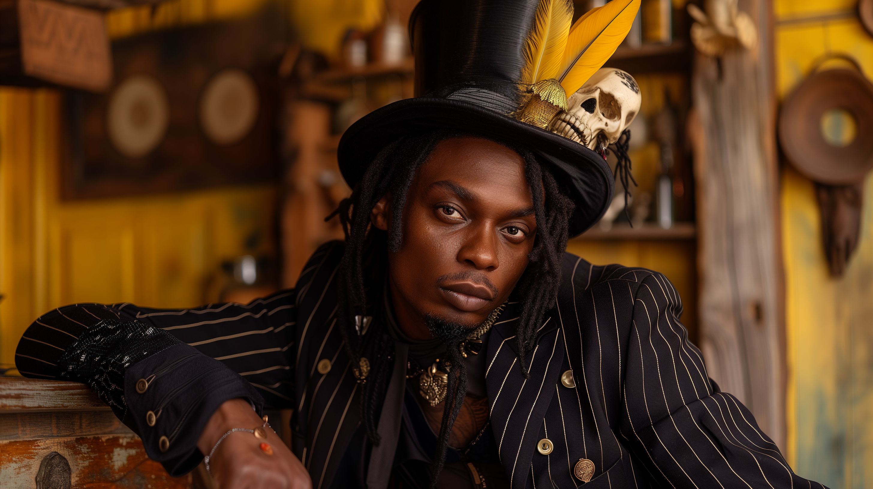 Prompt: realistic, a handsome black man, in a 1600s yellow themed voodoo shop, breathless, leaning on a wall, mouth parted open with big beautiful lips, chocolate colored eyes, long dredlocks, a black pin stripe suit, and a top hat with long yellow feathers and a bleached bird skull on it, reaching out to grab viewer, head tilted back, flirty, thick black eyeliner around his eyes, --ar 16:9 --v 6.0 