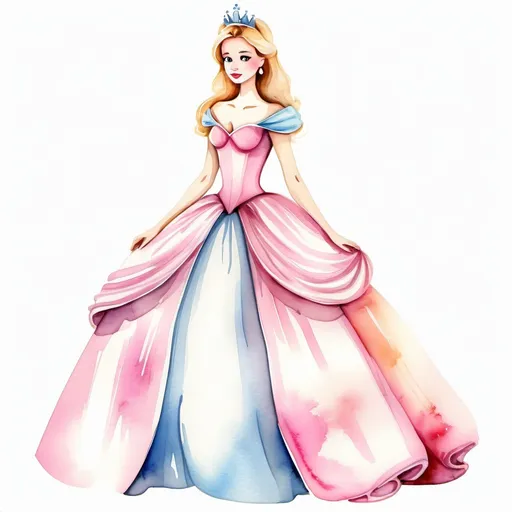 Prompt: /imagine watercolor  A beautiful princess standing pink and white wearing a stunning ball gown and tiara full view of the dress 
she is beautiful intelligent and very kind  like in Cinderella clip art on a white background