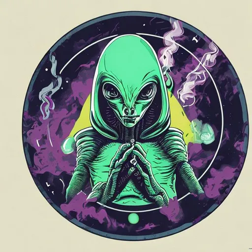 Prompt: alien, high on drugs, smoking cigarette, design, art, in a circle
