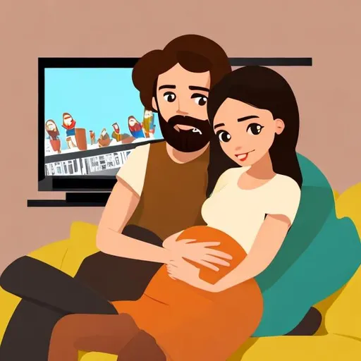 Prompt: In a cartoon style a bearded man has his arm around his beautiful brunette pregnant wife's shoulder as they are sitting on a couch facing a big screen tv with a movie on 