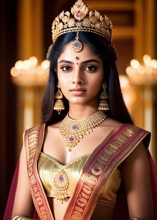 Prompt: A young beautiful queen,20 years old indian female,elegant hair,pretty eyes,glossy lips,royal suit,wearing royal crown,focus,cool pose,cinematic lighting,golden hour photography,big hall,thrones,64k,UHD,highly realistic,ultra realistic,dynamic potrait,cinematic,photorealistic,