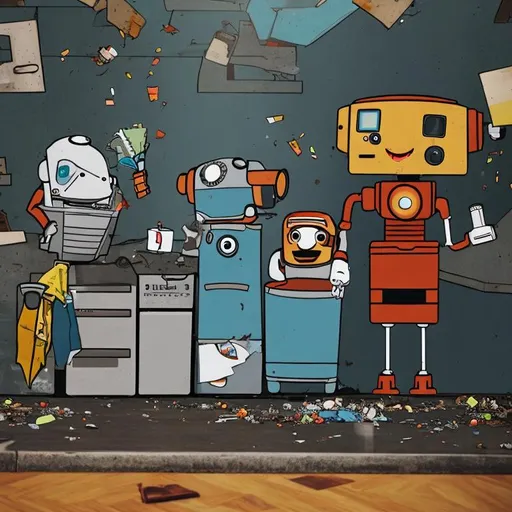 Prompt:  Sad rusty and broken Cleaning Robots addicted to watching tv while being surrounded by garbage.