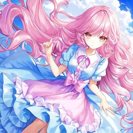 Prompt: A beautiful girl like Cotton candy, she is human but her dress and hair look like cotton candy  . big everything. Siting on a pink cloud . There is blue and pink clouds floating around her, she is 27 and is wearing a fluffy ruffly skirt her shirt is like a nightgown. It is day time. Her hair is curly and medium it is blue and pink. She wears a hair pin that is a cute. She is cute . 