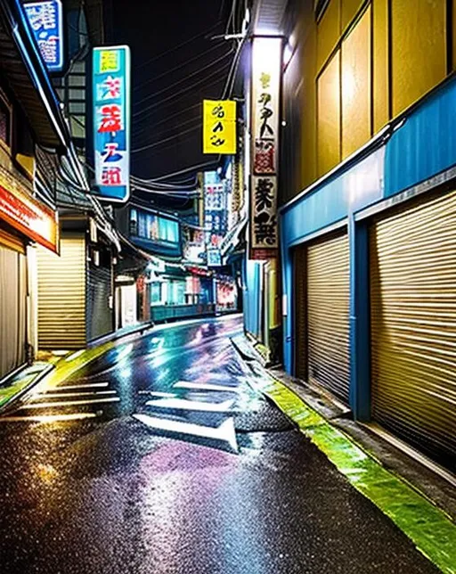 Prompt: color photograph of highly detailed abandoned Tokyo street, at night, with rain, natural light, film grain, soft vignette, sigma 85mm f/1.4 1/10 sec shutter, film still promotional image, IMAX 70mm footage