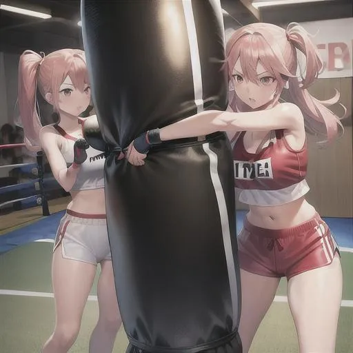 Prompt: Anime beautiful girl training punching bag punchingbag sandbag 