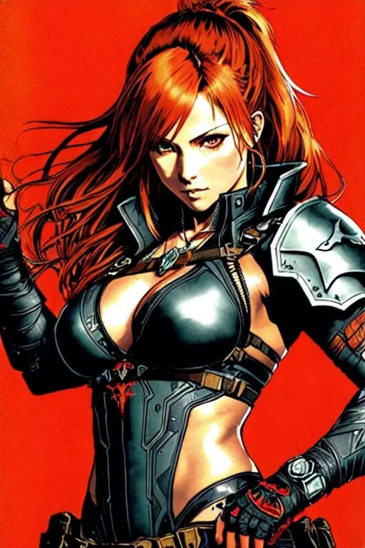 Prompt: Devil May Cry Art (((Yoji Shinkawa))), sticker of ultra detailed portrait of Becky Lynch, in detailed black holy armor, high quality cell shaded illustration in post apocalyptic style by Yoji Shinkawa, ((full body)), dynamic pose, perfect anatomy, centered, freedom, soul, red long hair,tan skin approach to perfection, cell shading, 4k , cinematic dramatic atmosphere, watercolor painting, global illumination, detailed and intricate environment, artstation, concept art, fluid and sharp focus, volumetric lighting, cinematic lighting, Art by Ilya Kuvshinov
