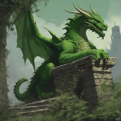 Prompt: Art of Venomfang the green dragon from D&D waiting patiently withing an overgrown ruined tower