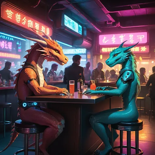 Prompt: In a bustling cyberpunk noodle bar, amidst a diverse crowd of anthropomorphic furry animals, a pair of elegant anthro dragons sit at the bar. The neon lights reflect off their scales as they enjoy a quiet moment, surrounded by the energetic hum of the futuristic city. Capture the fusion of intimacy, technology, and diverse characters in this vibrant cyberpunk scene.