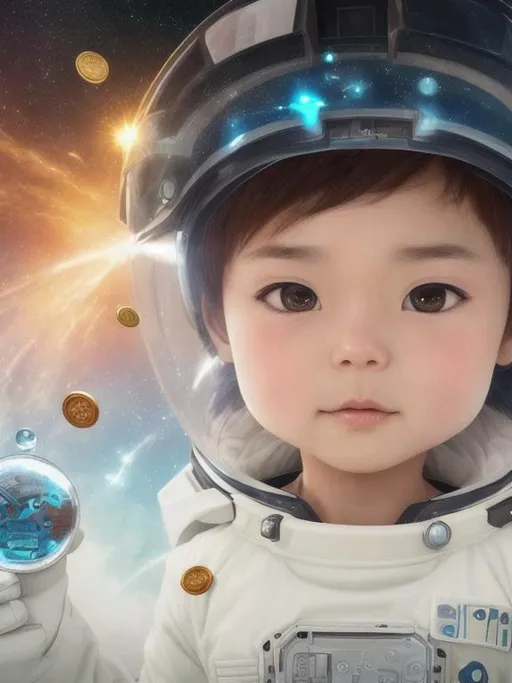 Prompt: 2d Cute cartoon pale alien boy in spacesuit looting coins in small rocket where coins are raining and have space clouds with cute futuristic sci-fi fantasy background with coins, Close-Up, ultra realistic, art style of sam yang and james jean, 8k, highly detailed, Realistic, Soft light, Real, 