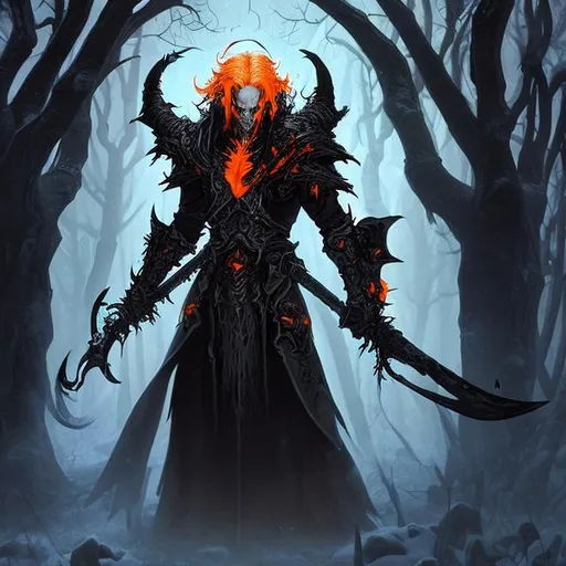 Prompt: handsome diablo-inspired necromancer in black armor with long white hair which is orange at the roots, wielding an elegant scythe, walking in a misty snowy forest, not evil just mysterious