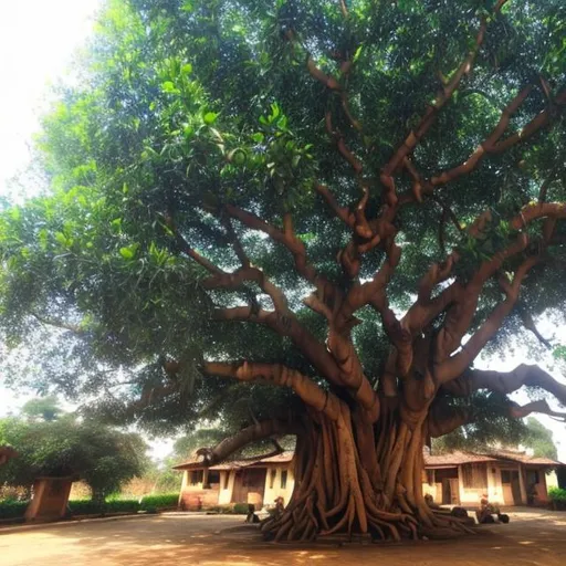 Prompt: A big banyan tree in a village And blowing wind slowly 