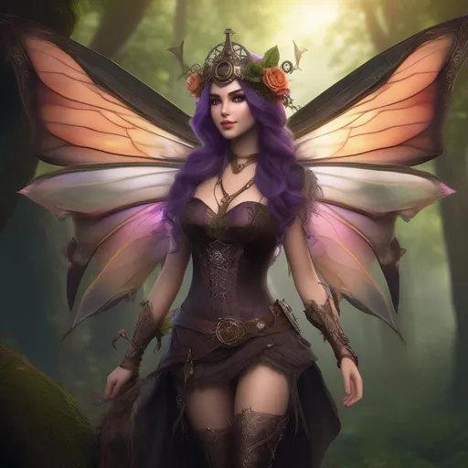 Prompt: ((Epic)). ((Cinematic)). Shes a colorful, Steam Punk, gothic, witch. ((distinct)) Winged fairy, with a skimpy, ((colorful)), gossamer, flowing outfit, standing in a forest by a village. ((Wide angle)). Detailed Illustration. High Res, ((8k)).  Full body in shot. [Hyper real painting]. Photo real. A ((beautiful)), very shapely, woman with [anatomically, real hands], and ((vivid)) colorful, ((bright)) eyes. A ((pristine)) Halloween night. (Concept style art). 