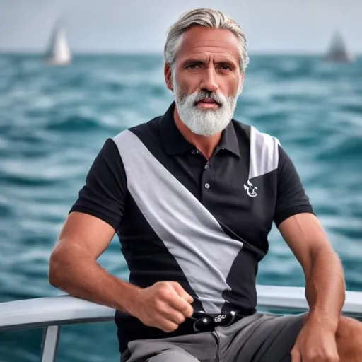 Prompt: confident strong claymation 45 year old handsome balding silver haired  bearded sailor wearing a black polo shirt while raising a sail solo

