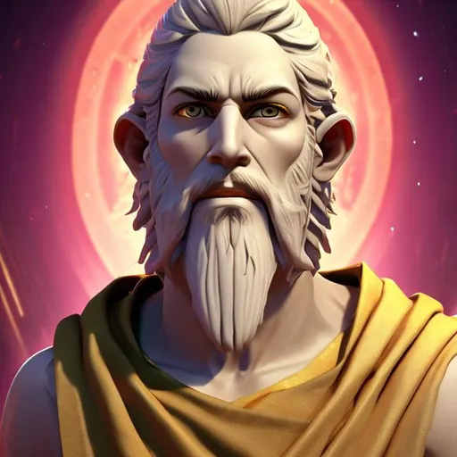 Prompt: human male aged 30 with alabaster skin, short, stubbly alabaster  hair and beard, with yellow eyes with a  purple ring around the iris, dressed in a toga 