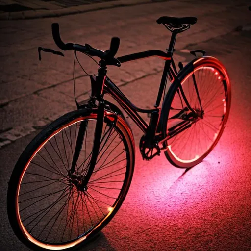 Prompt: A black bicycle with a bright glowing light