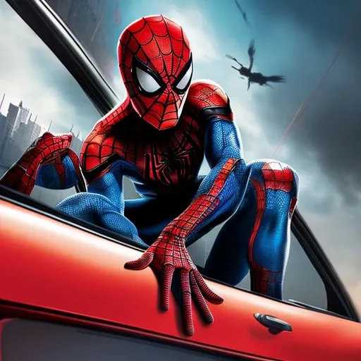 Prompt: spiderman in a car