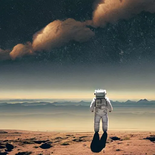 Prompt: Landscape,Astronaut standing in a hill,looking to a far away plain