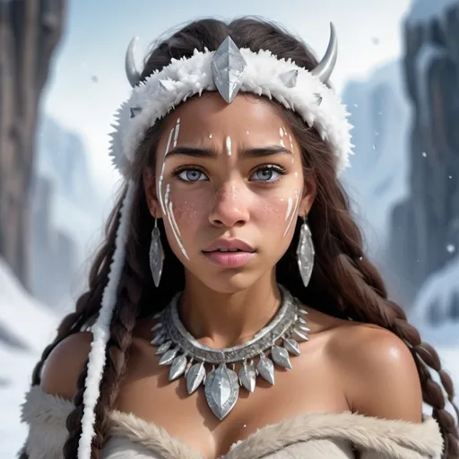 Prompt: BEAUTIFUL GIRL FROM THE ICE AGE WHO IS AN AWSOME WARRIOR A RULER AND HAS SMALL SPOTS OF VITILIGO