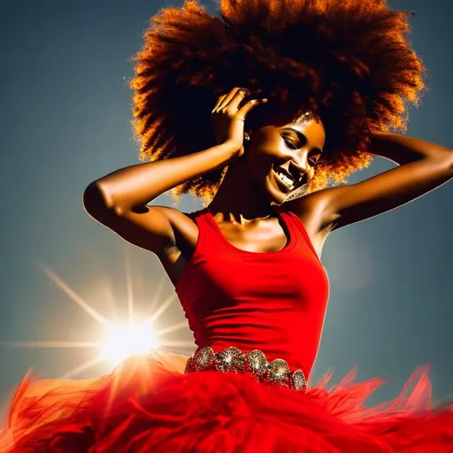 Prompt: massive red afro Beautiful black girl, dancing in big bright sunshine, background of kisses,cinematic, highly detailed